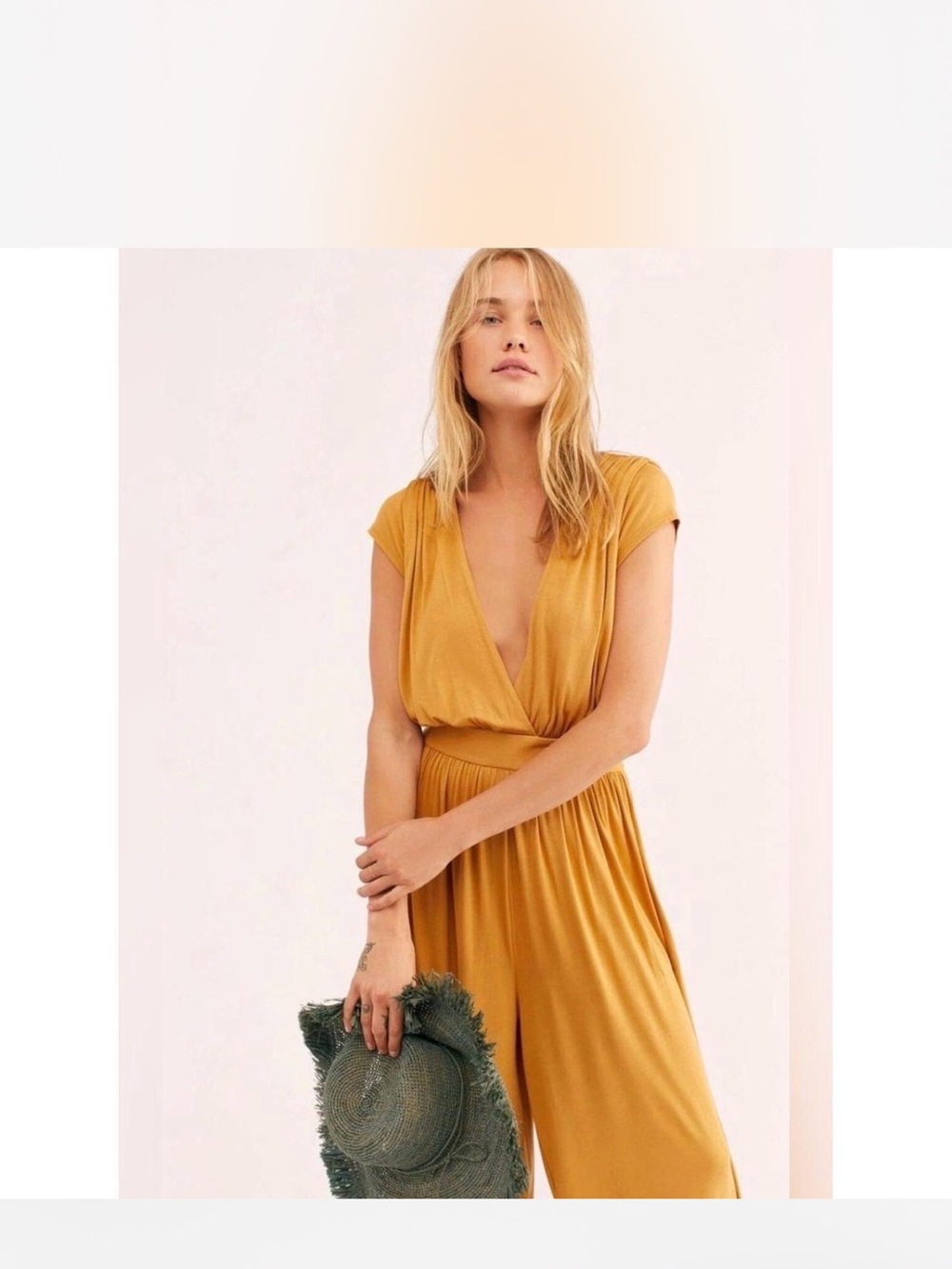NWT Free People Beach Naomi Mustard Deep-V Jumpsuit
*small pinholes *